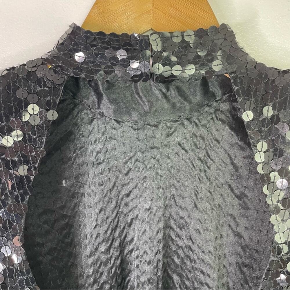 Vintage Black Sequin Dress Long Sleeve 1980s Glam Sparkle - Picture 6 of 10